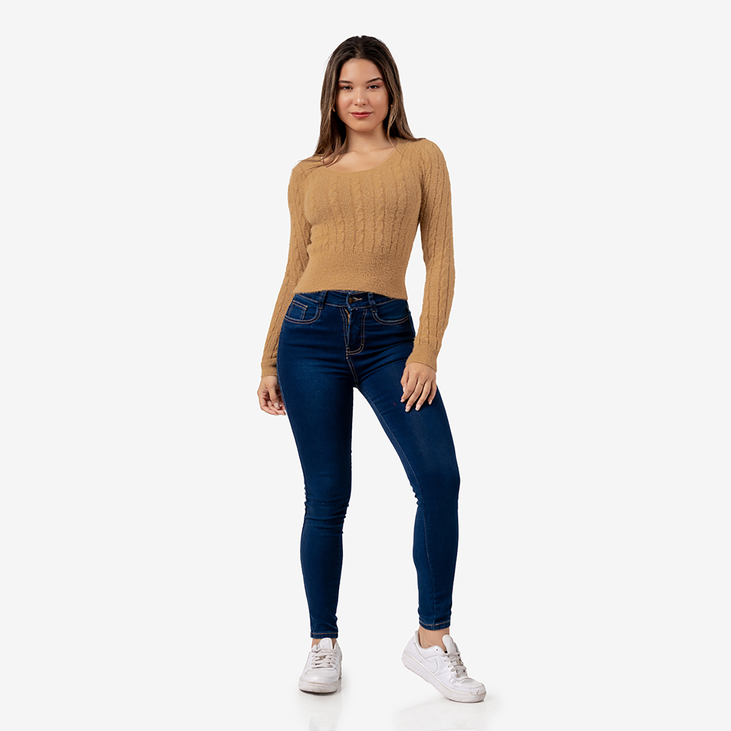 SWEATER MANGA LARGA MUJER CAMEL ANGORA CON HILOS DE BRILLO - 3