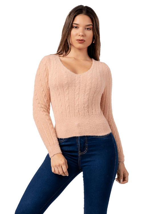 SWEATER MANGA LARGA MUJER PALO ROSA ANGORA CON HILOS DE BRILLO - 1