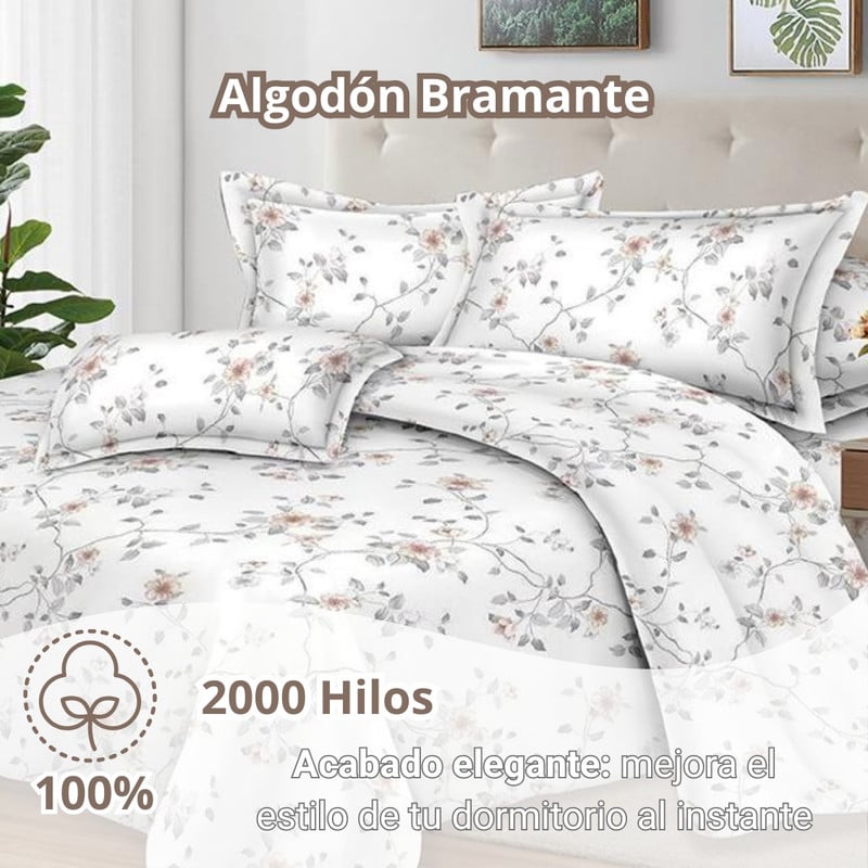 JUEGO DE SÁBANAS 100% SUAVE ALGODÓN 2PLAZAS 4 PIEZAS 2000 HILOS JARDIN BLANCO - 2