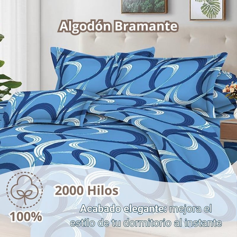 JUEGO DE SÁBANAS 100% SUAVE ALGODÓN 2PLAZAS 4 PIEZAS 2000 HILOS RAYAS OCEANO AZUL - 2