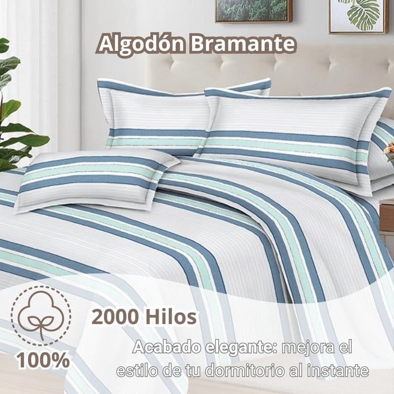 JUEGO DE SÁBANAS 100% SUAVE ALGODÓN 2PLAZAS 4 PIEZAS 2000 HILOS RAYAS MARINAS - 2