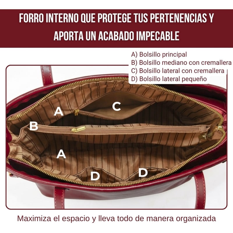 TOTE BAG BOLSO ELEGANTE CUERO PU - DISEÑO AMPLIO Y FUNCIONAL BORDÓ - 2
