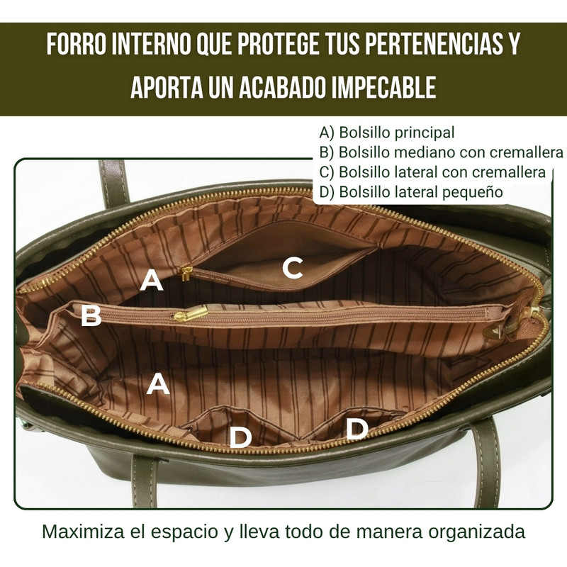 TOTE BAG BOLSO ELEGANTE CUERO PU - DISEÑO AMPLIO Y FUNCIONAL OLIVO - 3