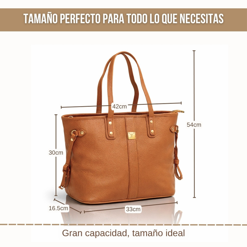 TOTE BAG BOLSO ELEGANTE CUERO PU - DISEÑO AMPLIO Y FUNCIONAL CAMEL - 2