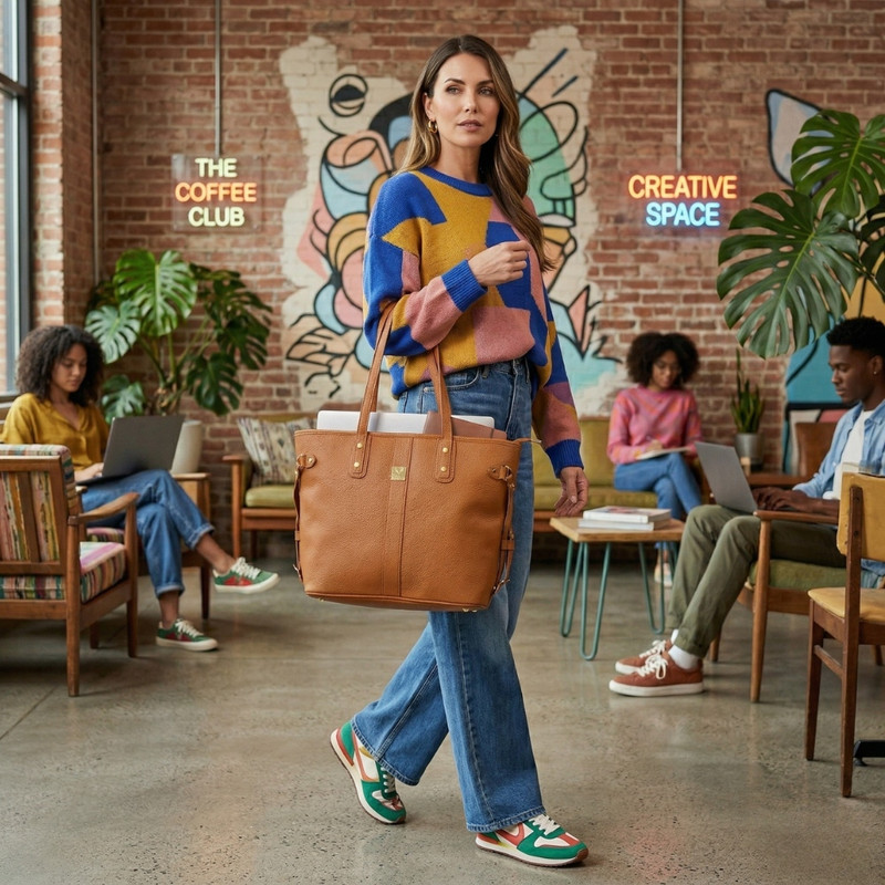 TOTE BAG BOLSO ELEGANTE CUERO PU - DISEÑO AMPLIO Y FUNCIONAL CAMEL - 5