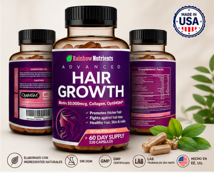 HAIR GROWTH RAINBOW NUTRIENTS 120 CAPS | BIOTINA 10,000 MCG + COLÁGENO | CABELLO FUERTE Y SALUDABLE - 1