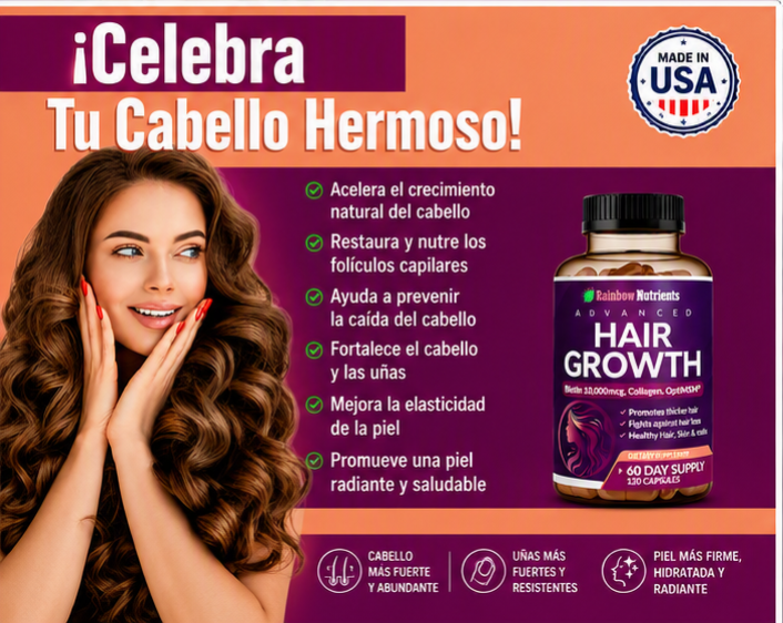 HAIR GROWTH RAINBOW NUTRIENTS 120 CAPS | BIOTINA 10,000 MCG + COLÁGENO | CABELLO FUERTE Y SALUDABLE - 2