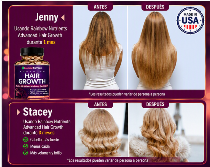 HAIR GROWTH RAINBOW NUTRIENTS 120 CAPS | BIOTINA 10,000 MCG + COLÁGENO | CABELLO FUERTE Y SALUDABLE - 3