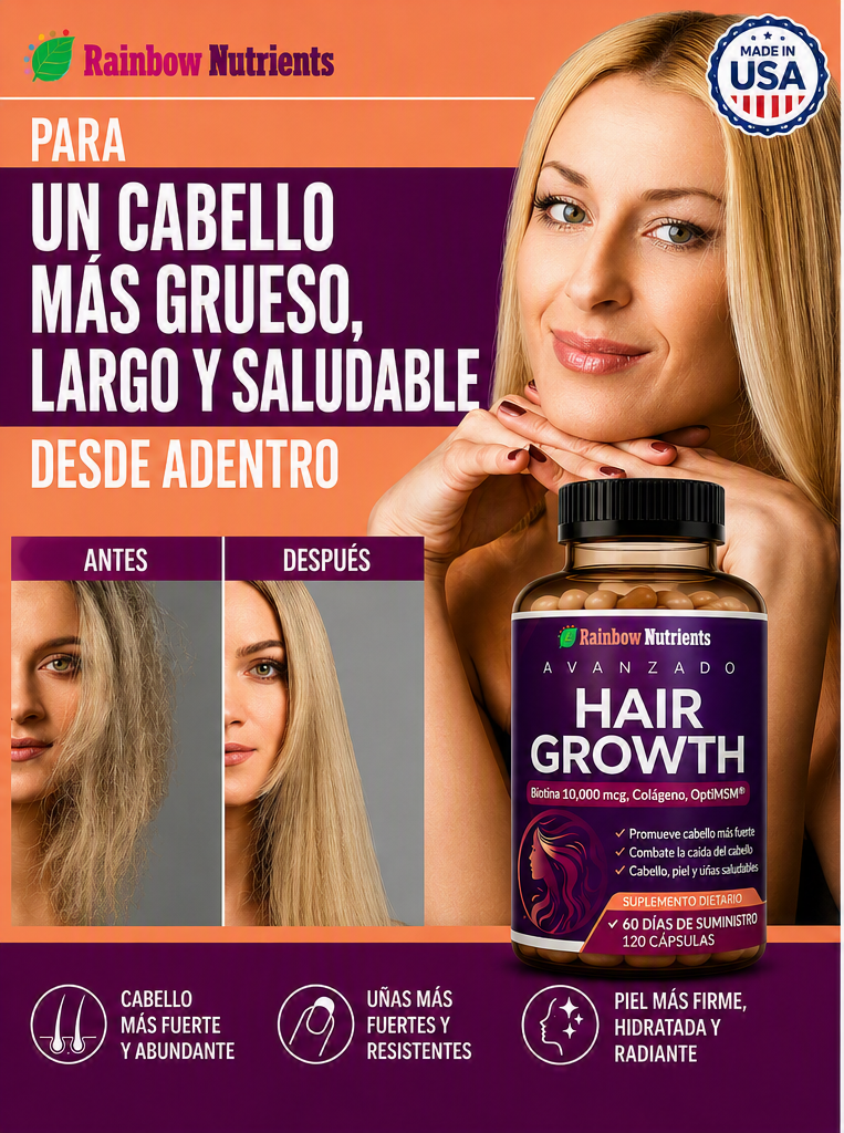 HAIR GROWTH RAINBOW NUTRIENTS 120 CAPS | BIOTINA 10,000 MCG + COLÁGENO | CABELLO FUERTE Y SALUDABLE - 4
