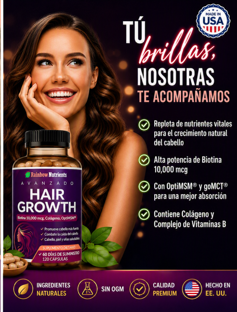 HAIR GROWTH RAINBOW NUTRIENTS 120 CAPS | BIOTINA 10,000 MCG + COLÁGENO | CABELLO FUERTE Y SALUDABLE - 5