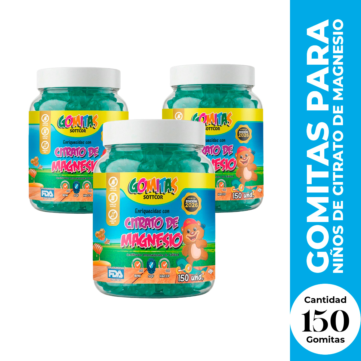 3 GOMITAS PARA NIÑOS CITRATO DE MAGNECIO 150 GOMITAS SOTTCOR - 1