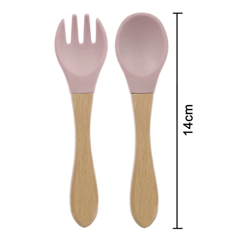 SET DE CUCHARA Y TENEDOR DE SILICONA CON MANGO DE MADERA PARA BEBE CON ESTUCHE NIÑO - 2
