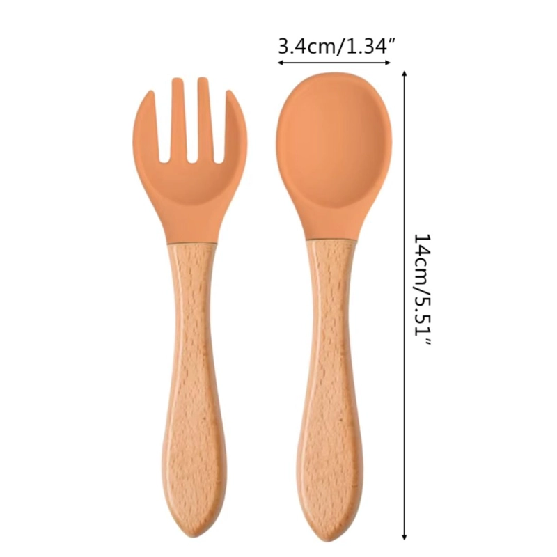 SET DE CUCHARA Y TENEDOR DE SILICONA CON MANGO DE MADERA PARA BEBE CON ESTUCHE NIÑO - 3