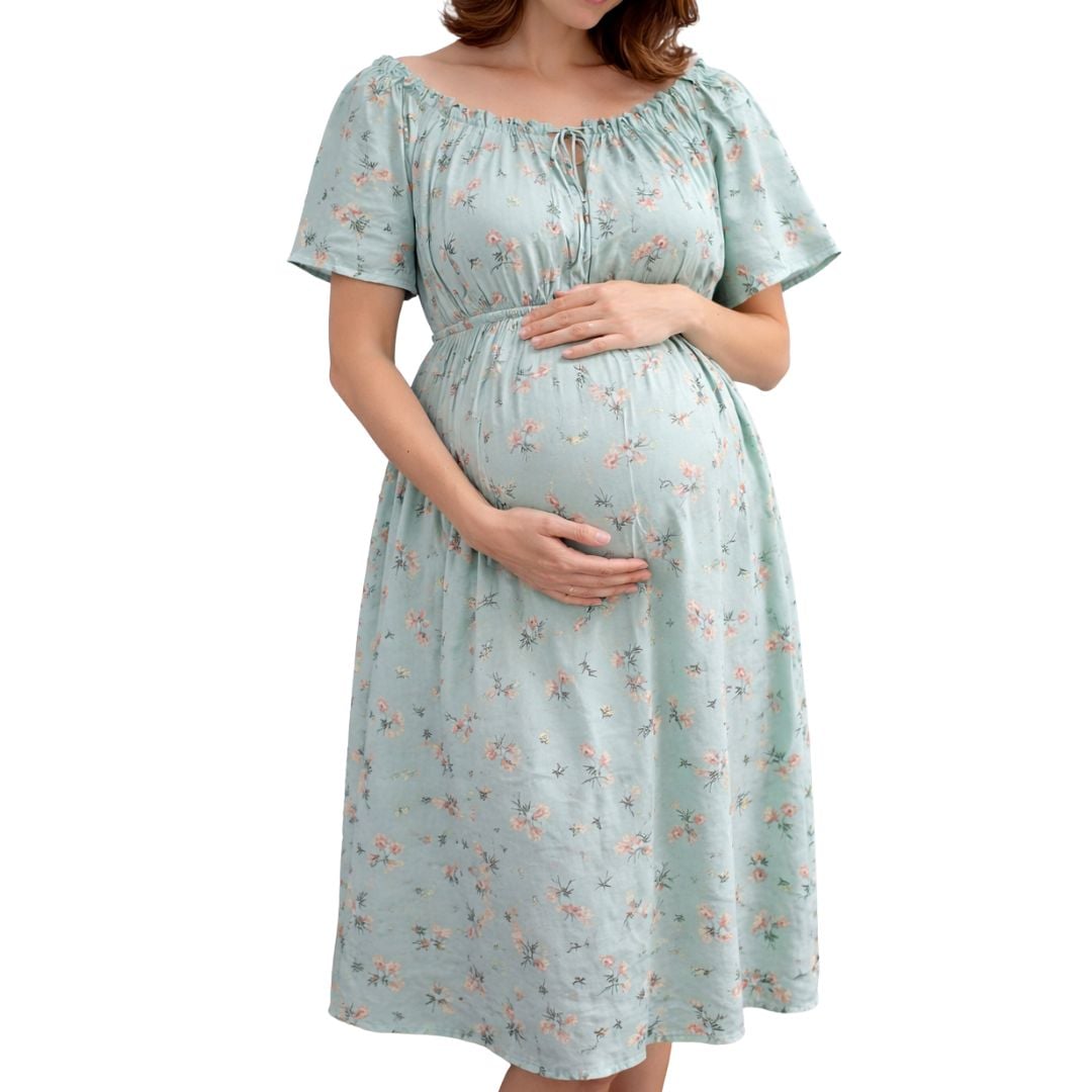VESTIDO DE MATERNIDAD ESTAMPADO FLORAL DE MANGA CORTA CELESTE - 1