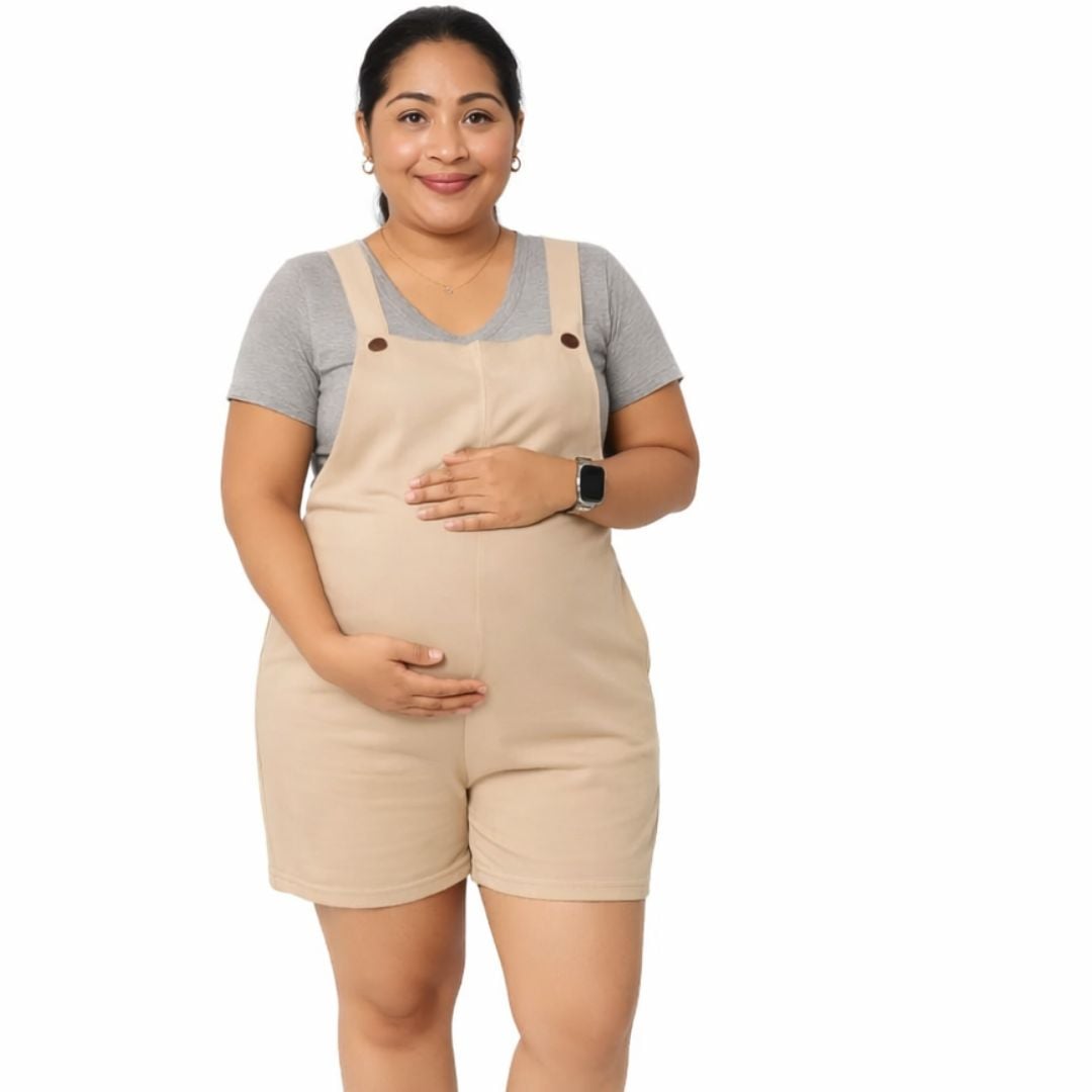 OVEROL DE TELA CORTO MATERNIDAD Y POSTPARTO BEIGE - 1
