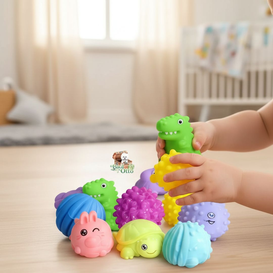 SET 9 PELOTITAS SENSORIALES TEXTURIZADAS PARA BEBÉ + 4 ANIMALITOS - 1