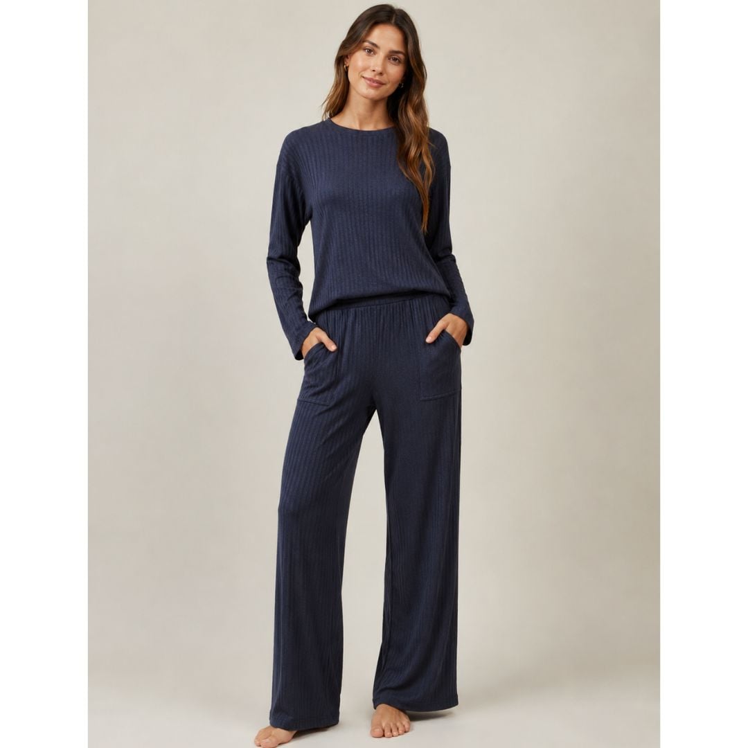 PIJAMA CÓMODA DE HILO CHOMPERO MANGA LARGA + PANTALÓN AZUL TALLA M - 1