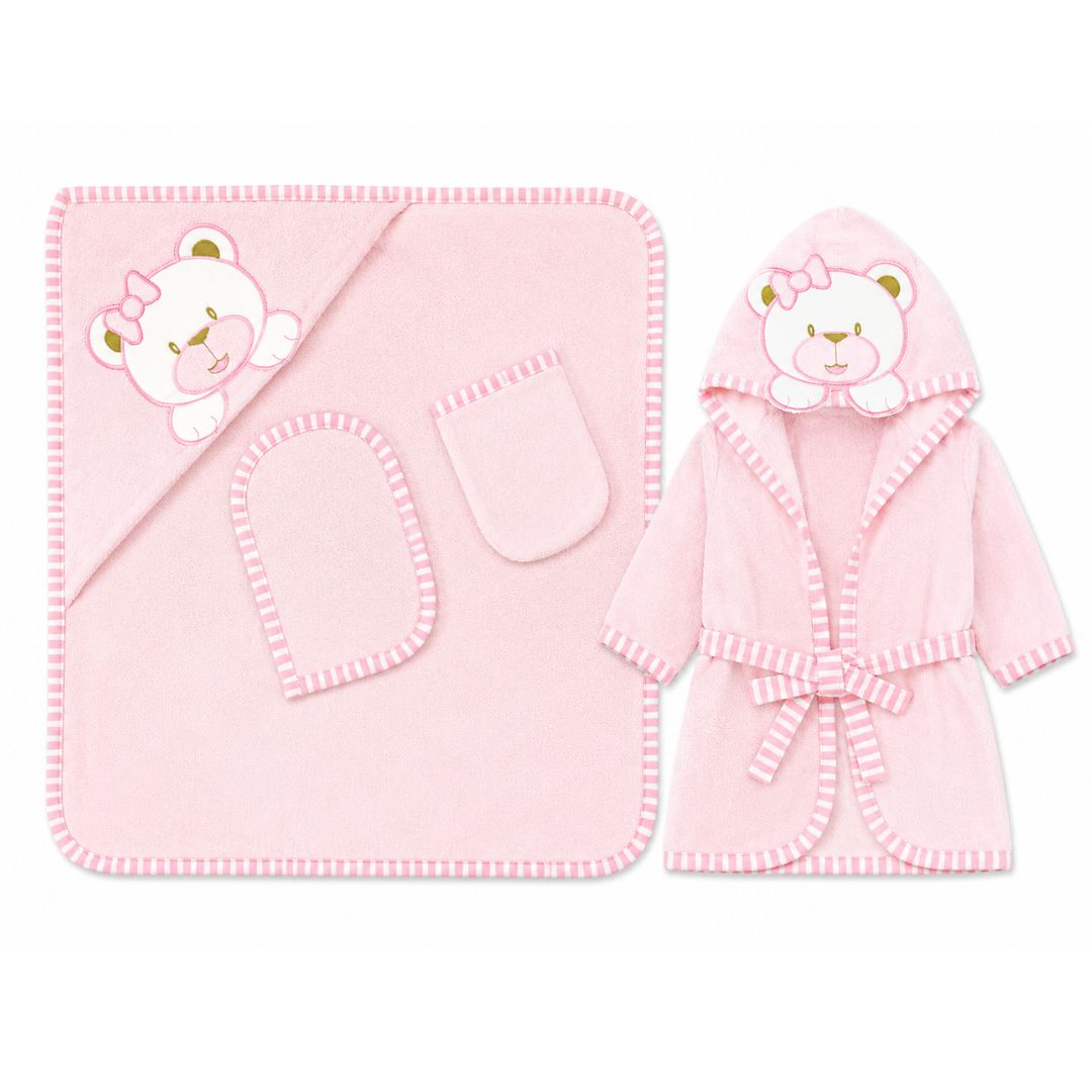 SET DE BAÑO DE BEBE + TOALLA + SALIDA DE BAÑO + MANOPLA + BABITA (ROSADO) - 1