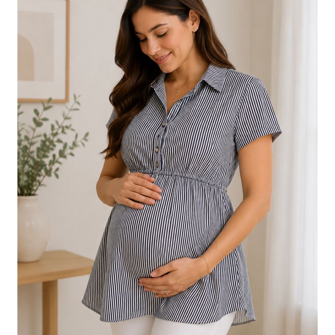 BLUSA DE TELA CON CUELLO DE VESTIR CON PITA ATRÁS DE RAYAS - 1