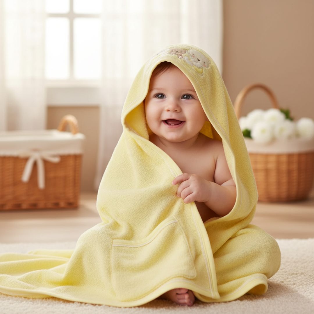 TOALLA DE BEBE CON CAPUCHA + BABITA + MANOPLA - AMARILLO - 1