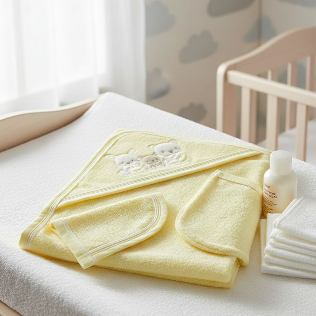 TOALLA DE BEBE CON CAPUCHA + BABITA + MANOPLA - AMARILLO - 2