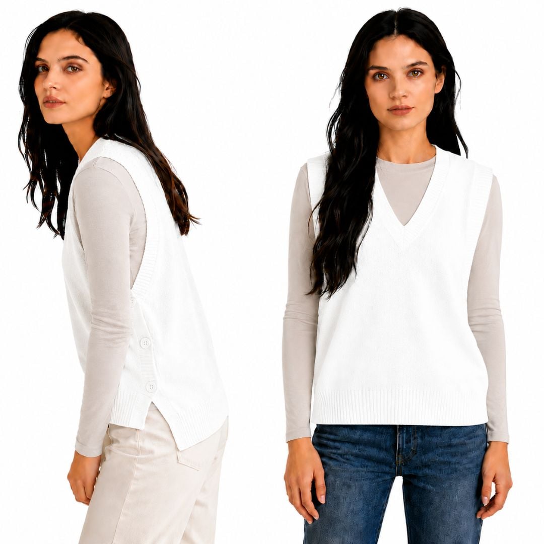 CHALECO MUJER CON BOTONES A LOS COSTADOS CUELLO V CASHMERE HILO - 1