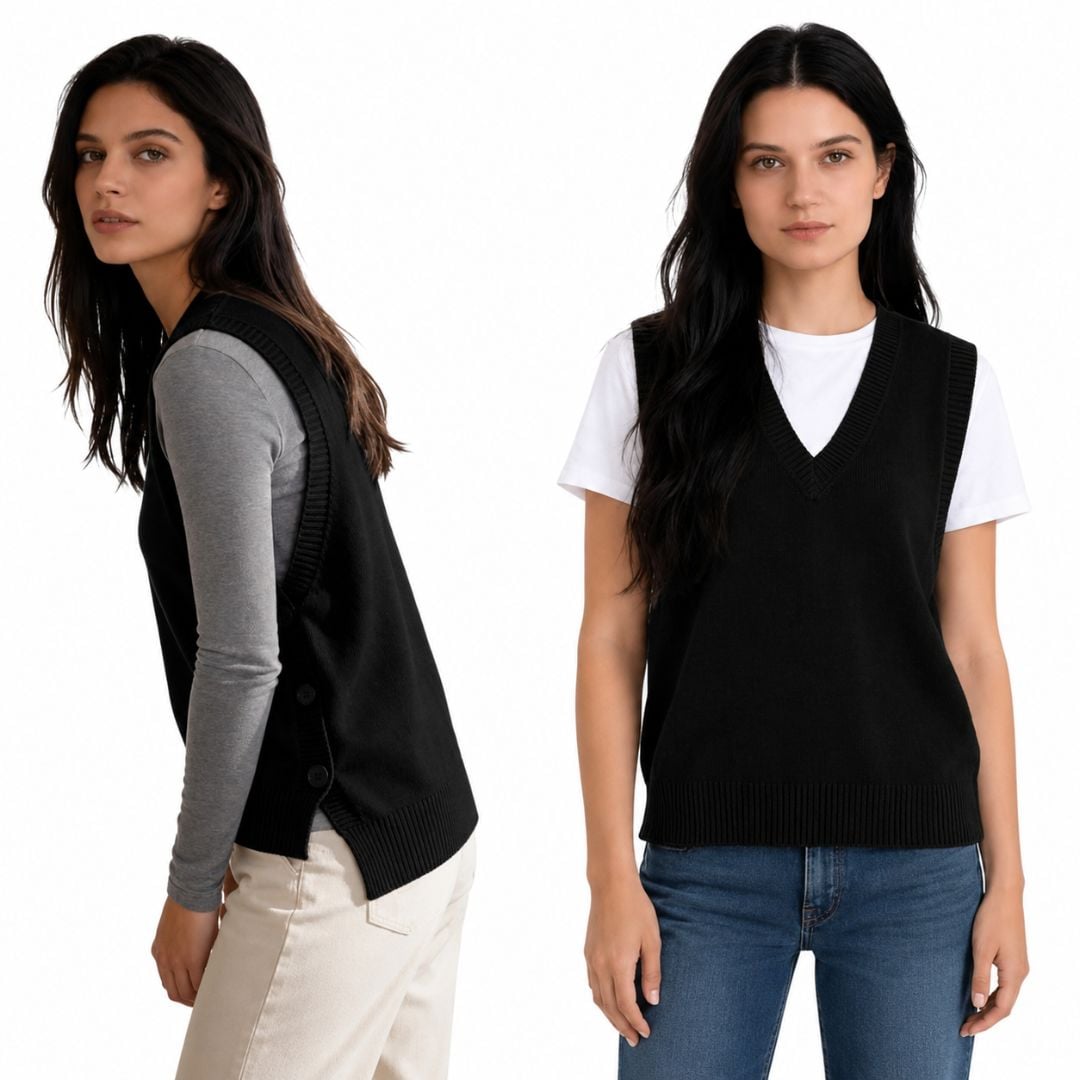 CHALECO MUJER CON BOTONES A LOS COSTADOS CUELLO V CASHMERE HILO - 4