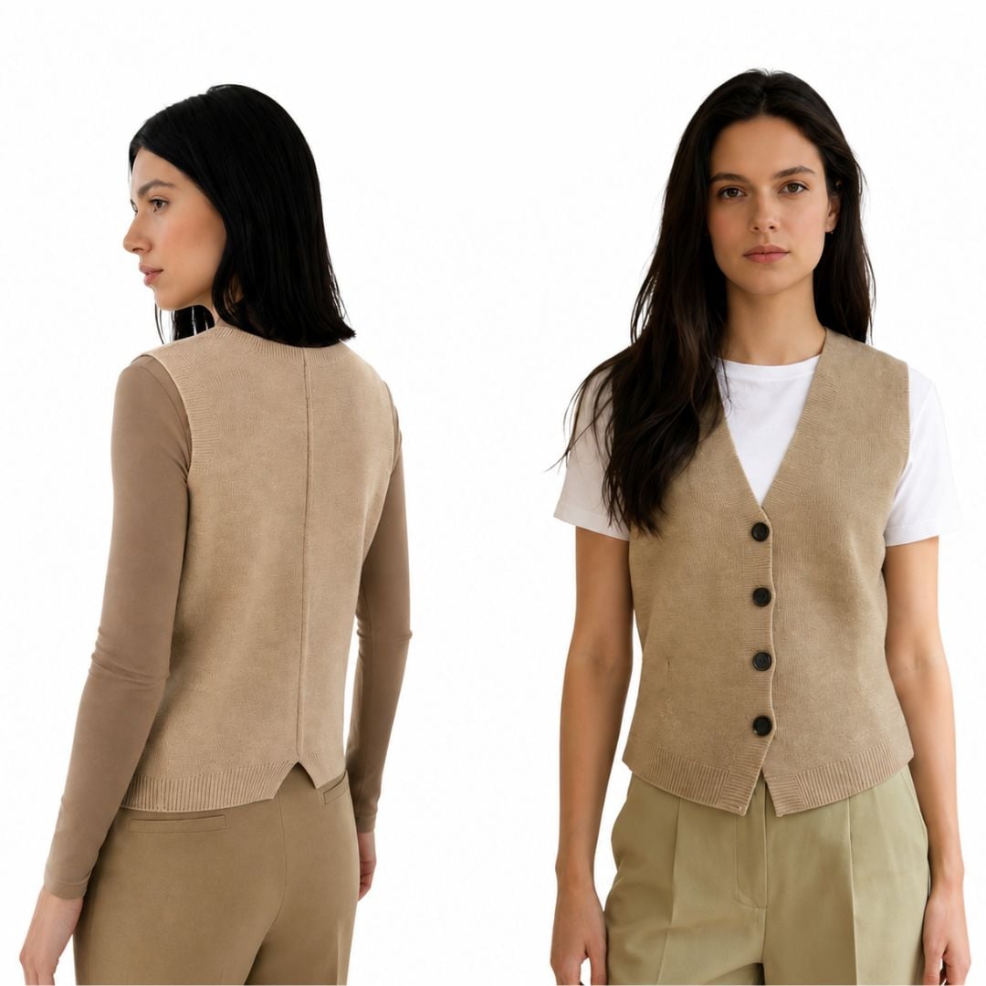 CHALECO MUJER CON BOTONES AL CENTRO  CUELLO V CASHMERE HILO - 1
