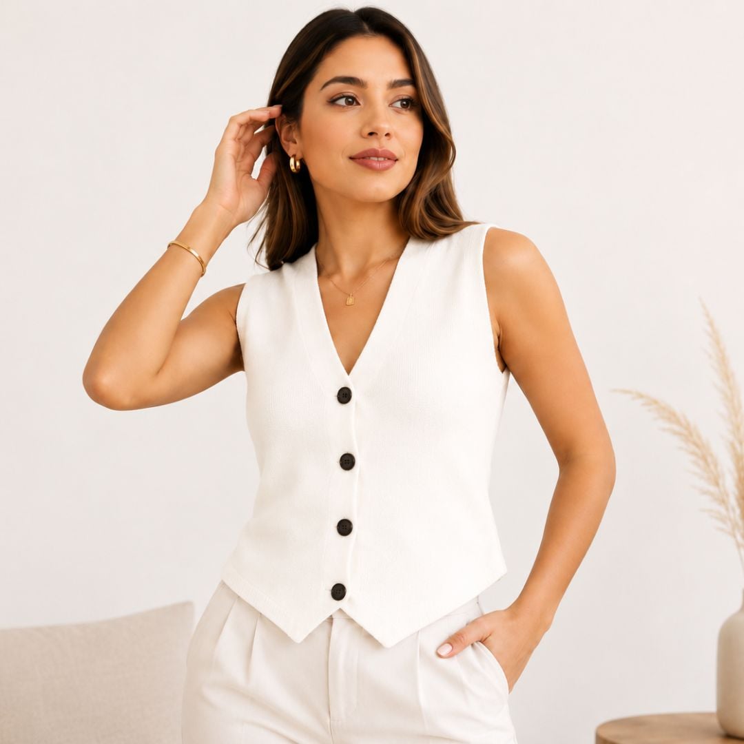 CHALECO MUJER CON BOTONES AL CENTRO  CUELLO V CASHMERE HILO - 2