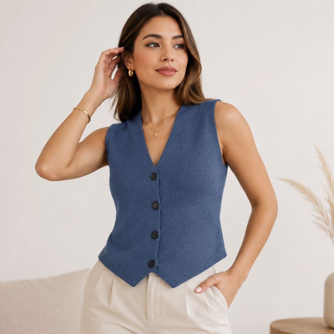 CHALECO MUJER CON BOTONES AL CENTRO  CUELLO V CASHMERE HILO - 3