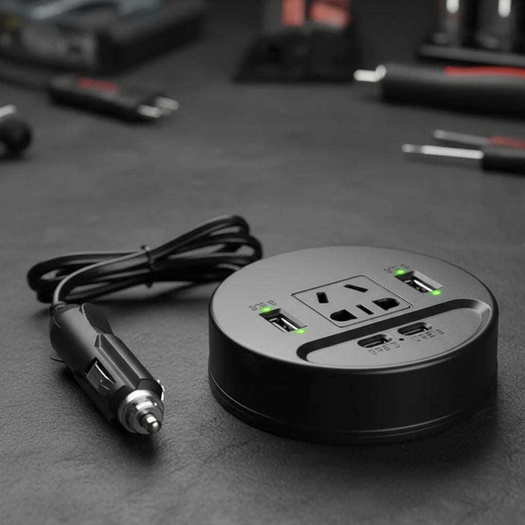 CARGADOR ADAPTADOR INVERSOR DE CORRIENTE PARA AUTO 150W 3 VÍAS USB+TIPO C+AC220V - 1