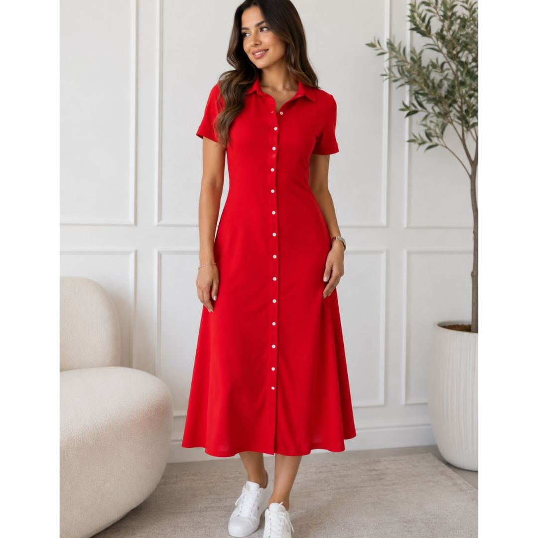 VESTIDO CASUAL MUJER CUELLO PIQUÉ ROJO - 1