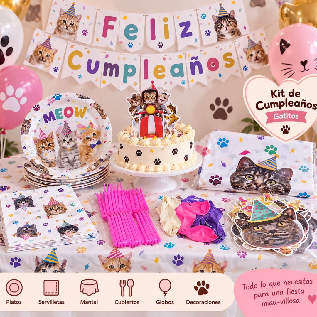 KIT DE DECORACION COMPLETA DE FIESTA CON TEMATICA DE GATOS (HEMBRA) - 1