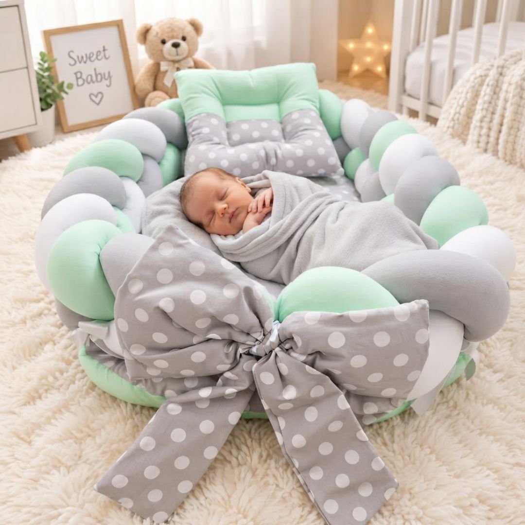 NIDO COLECHO TRENZADO PARA BEBÉS CON ALMOHADA - VERDE CLARO - 1