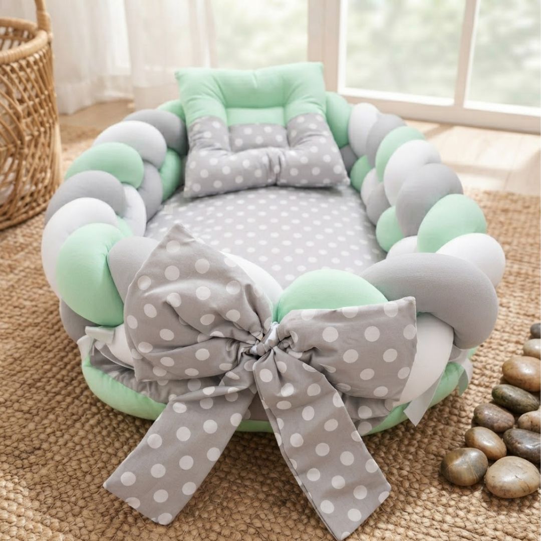NIDO COLECHO TRENZADO PARA BEBÉS CON ALMOHADA - VERDE CLARO - 2