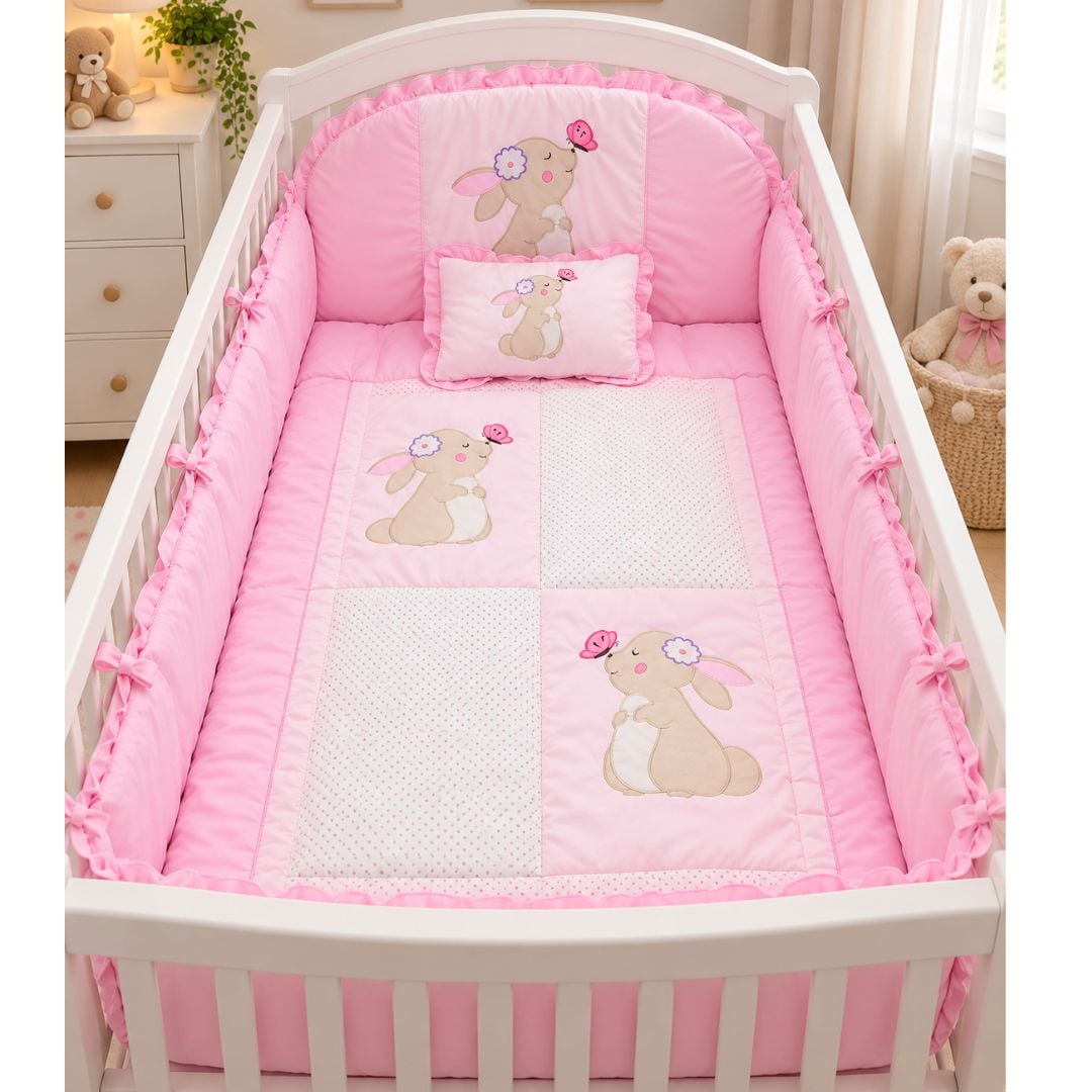 SET DE CUNA PARA BEBÉ 5 PIEZAS – SUAVE COLOR ROSADO - 1