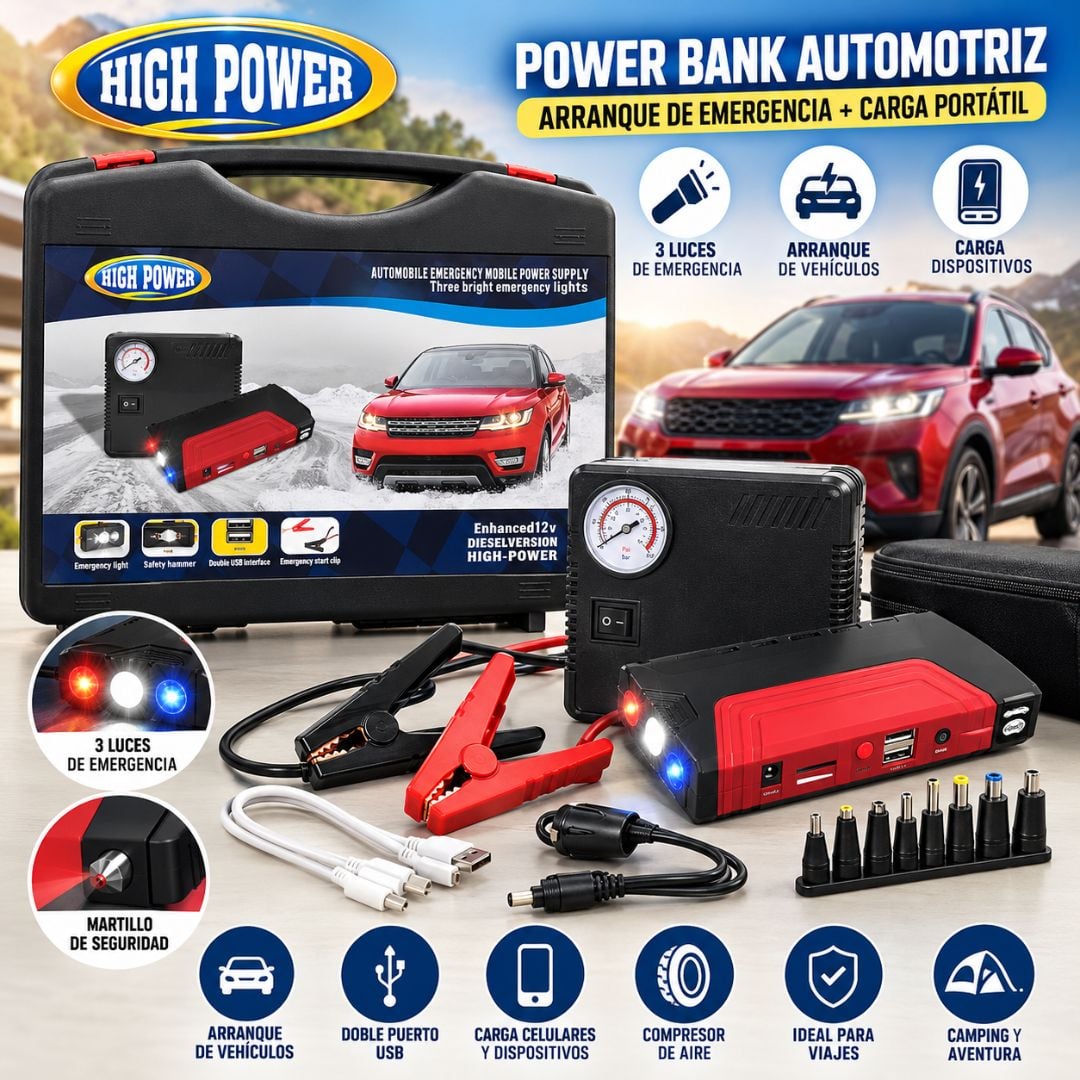 ARRANCADOR BATERÍA PORTÁTIL + INFLADOR 4 EN 1 AUTOS CAMIONETAS - 1