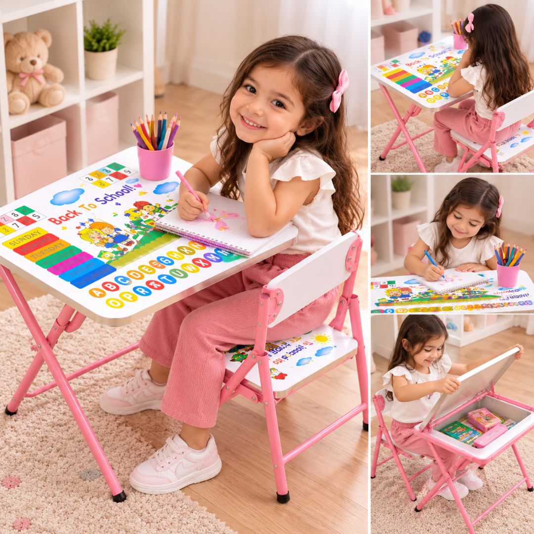 JUEGO  DE ESCRITORIO PLEGABLE + SILLA INFANTIL PLEGABLE PARA NIÑAS - ROSADO - 1