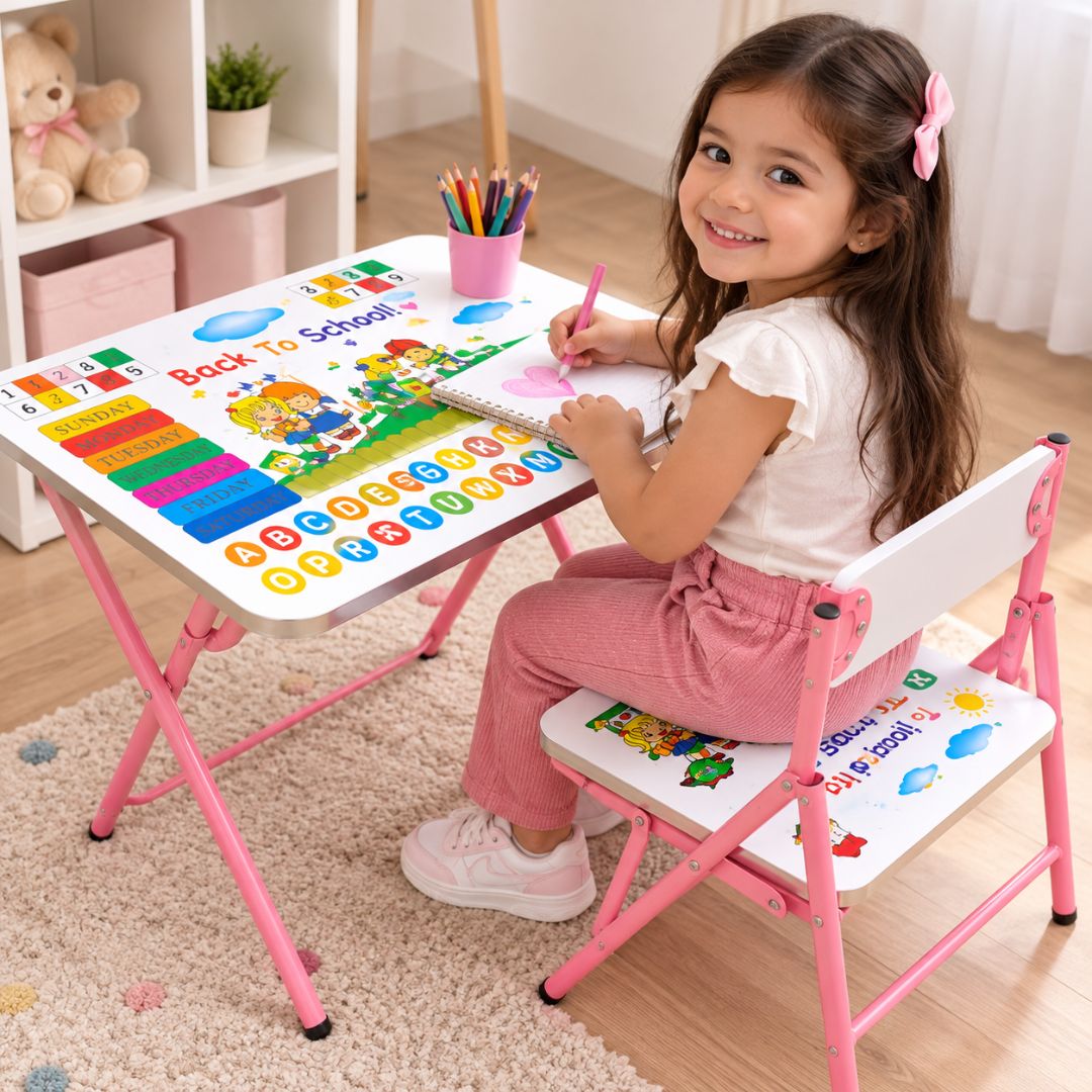 JUEGO  DE ESCRITORIO PLEGABLE + SILLA INFANTIL PLEGABLE PARA NIÑAS - ROSADO - 2