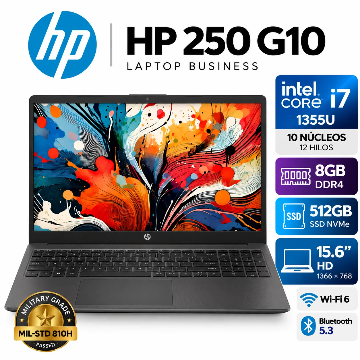 LAPTOP HP CORE I7 1355U RAM 8GB SSD 512GB PANTALLA 15.6' HD (9S8U5LA) 250 G10 - 1