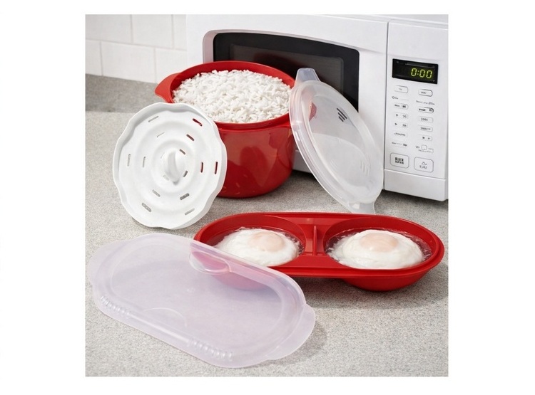 SET DE 2 TAPERS PARA MICOONDAS, ARROCERA + ESCALFADOR DE HUEVOS - 4