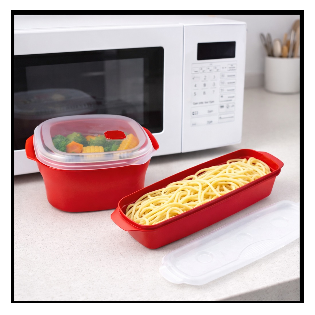 SET DE 2 TAPERS PARA COCINAR EN MICROONDAS VAPORERA + ESPAGUETERA - 1