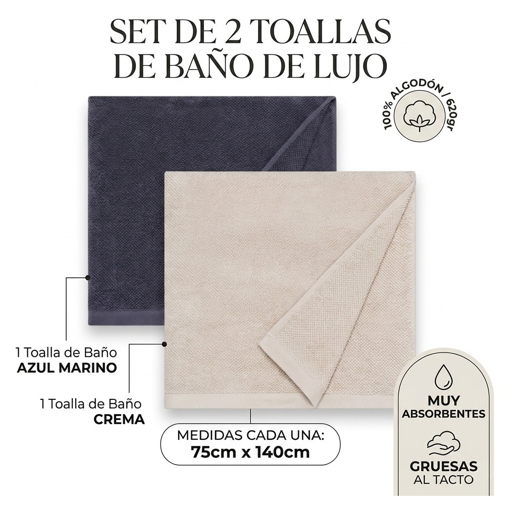 SET DE 2 TOALLAS PRIMIUM DE ALGODÓN 6200GR. AZUL Y CREMA - 2