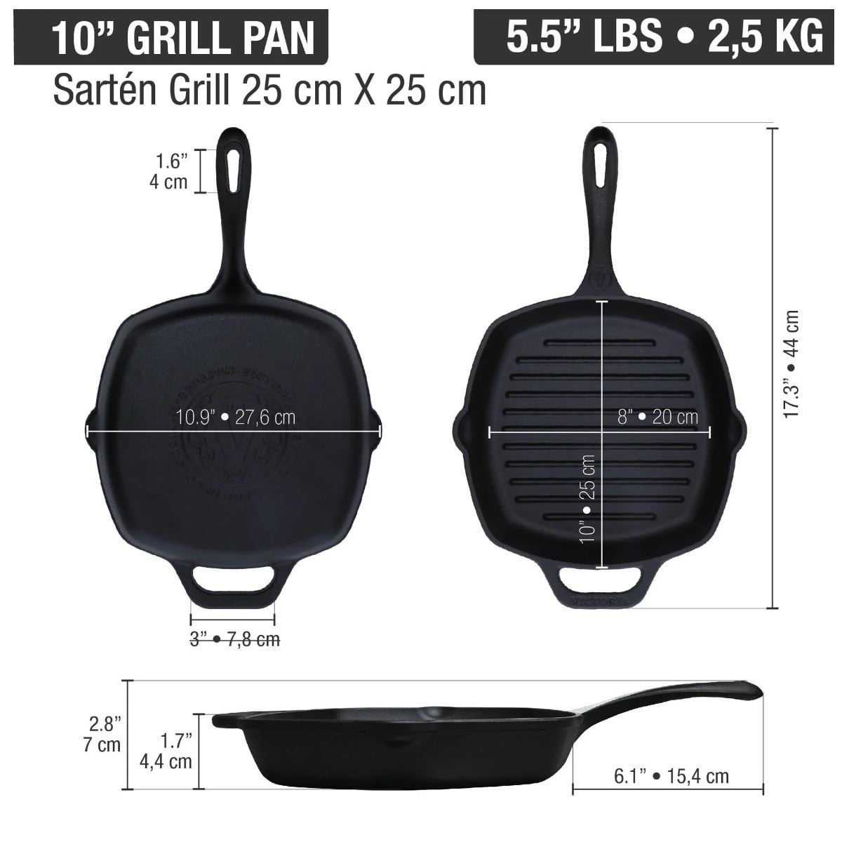 SARTÉN GRILL DE HIERRO FUNDIDO 25CM PRECURADA + MANGO PROTECTOR DE SILICONA - 2