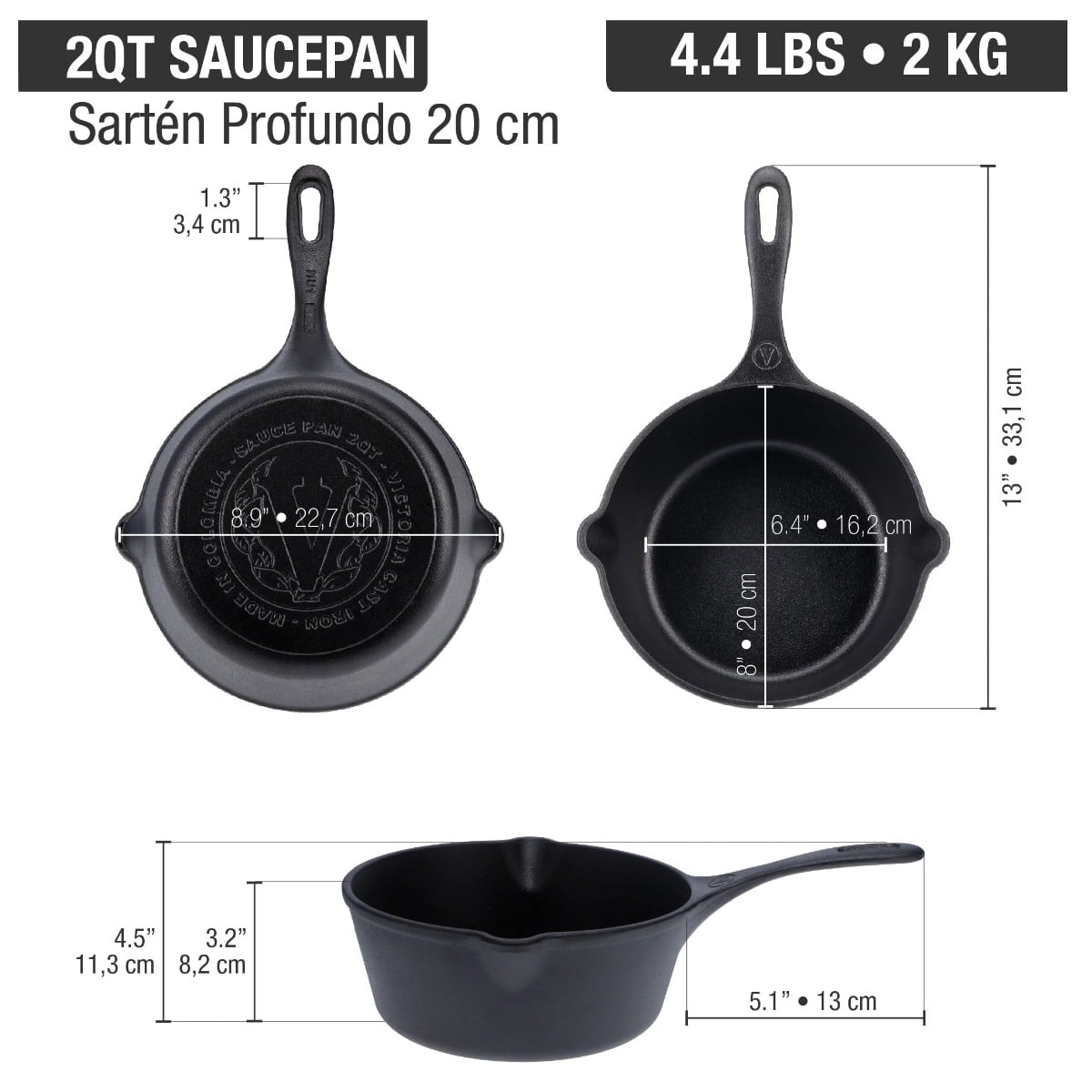 SARTÉN CACEROLA DE HIERRO PROFUNDA DE 20CM PRECURADA + MANGO PROTECTOR DE SILICONA - 2