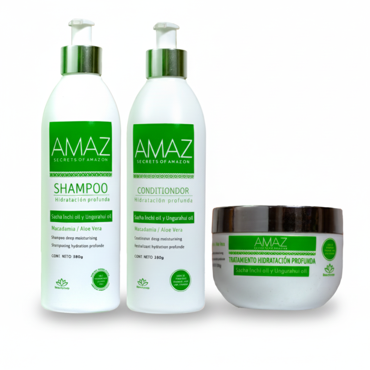 Kit Shampoo, Acondicionador y Mascarilla AMAZ Sin Sal - Hidratación Profunda- Post Alisado 380gr. - 1