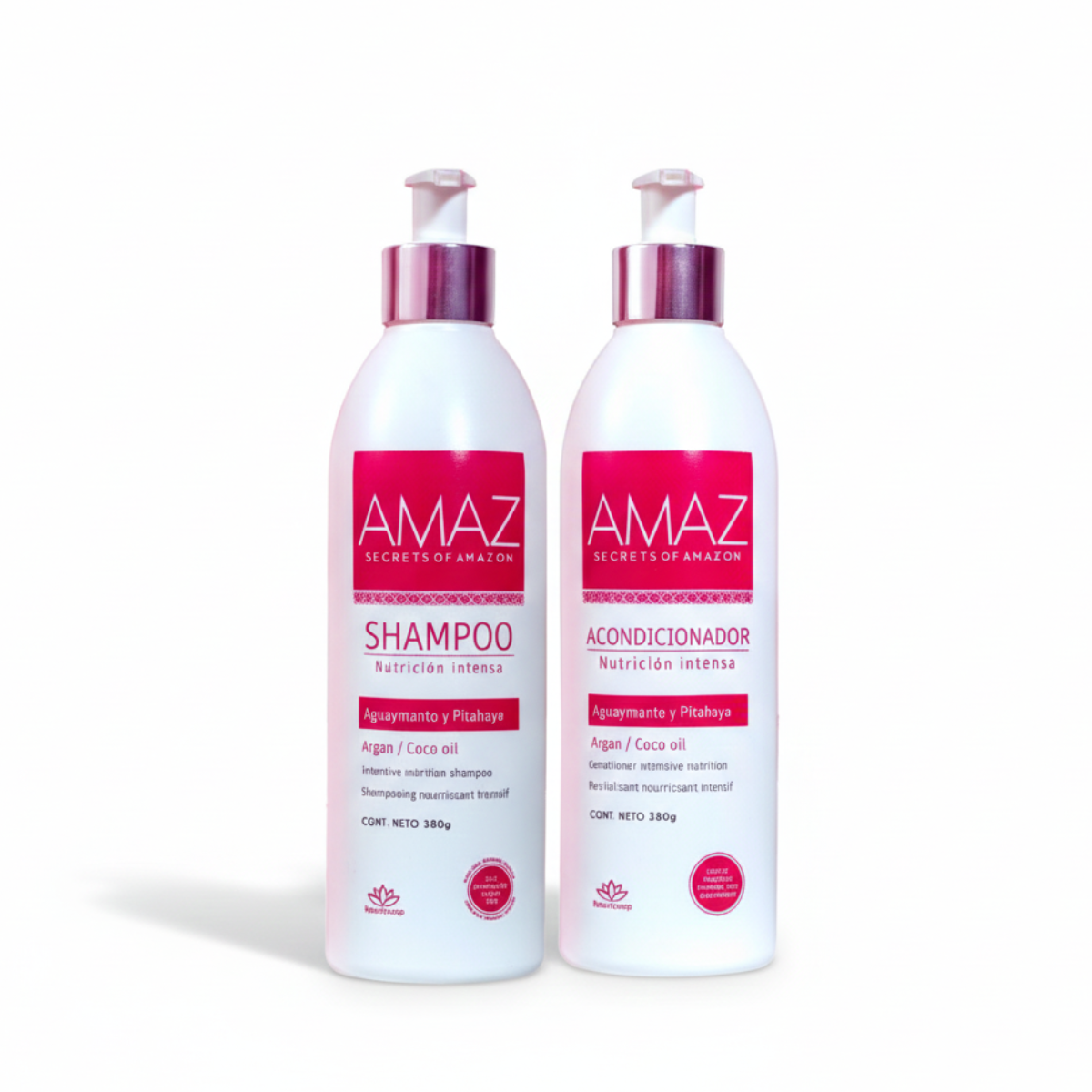 SHAMPOO Y ACONDICINADOR NUTRICION INTENSA AMAZ ARGAN Y ACEITE DE COCO, Sin Sal, Post Alisado 380gr. - 1