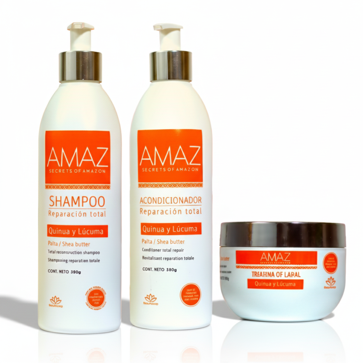 Kit Shampoo, Acondicionador y Mascarilla AMAZ- Reparacion Total, Sin Sal, Post Alisado 380gr - 1