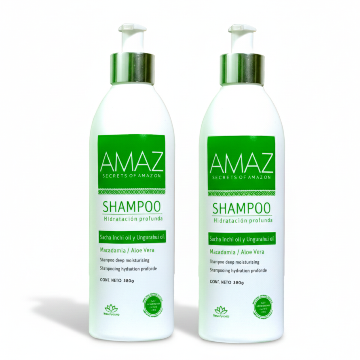 SHAMPOO HIDRATACIÓN PROFUNDA AMAZ, MACADAMIA Y ALOE VERA- Sin Sal- Post Alisado-380gr POR 2. - 1
