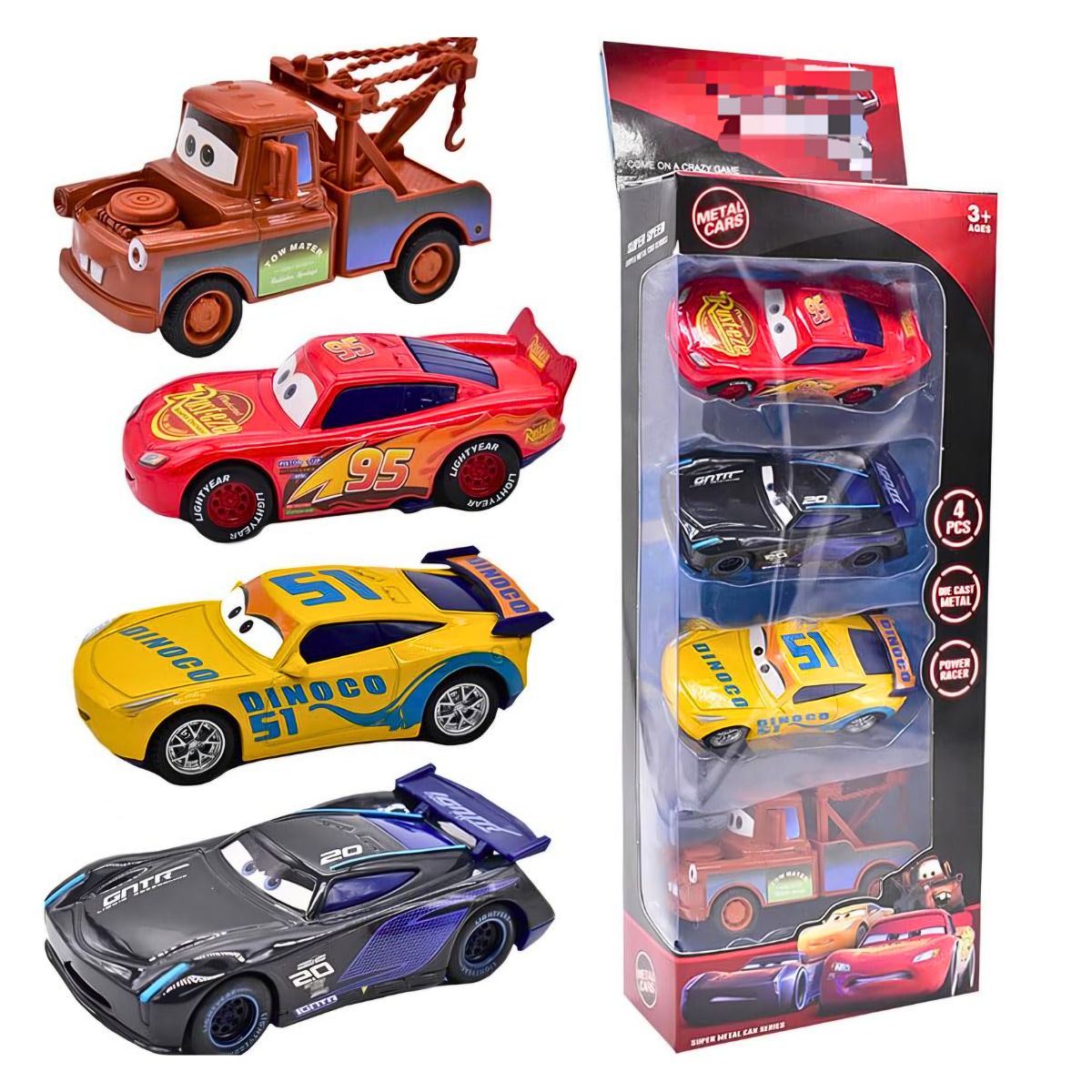 VEHÍCULO PACK 4 CARROS CARS RAYO MCQUEEN METAL JUGUETE NIÑOS - 1